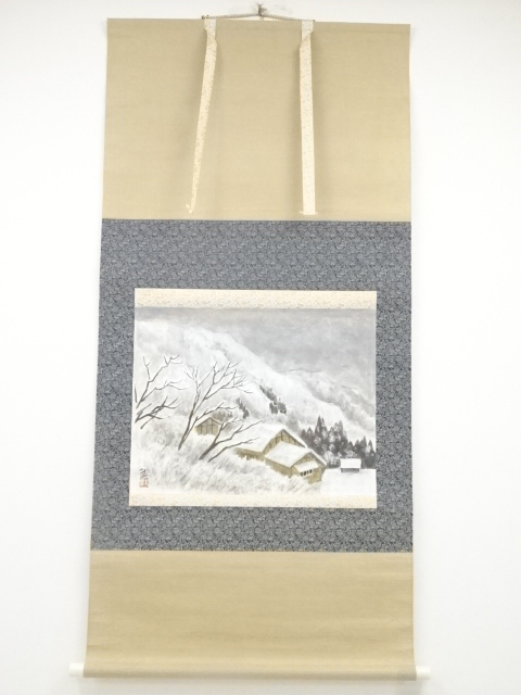 JAPANESE HANGING SCROLL / HAND PAINTED / SNOWY VILLAGE